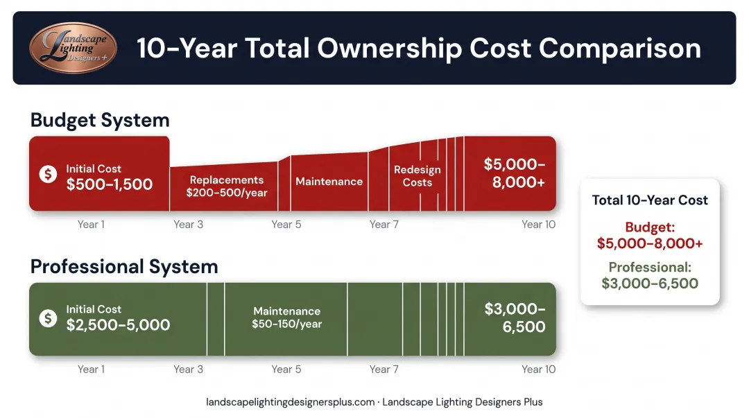 10-year total cost of ownership comparison budget versus professional landscape lighting systems