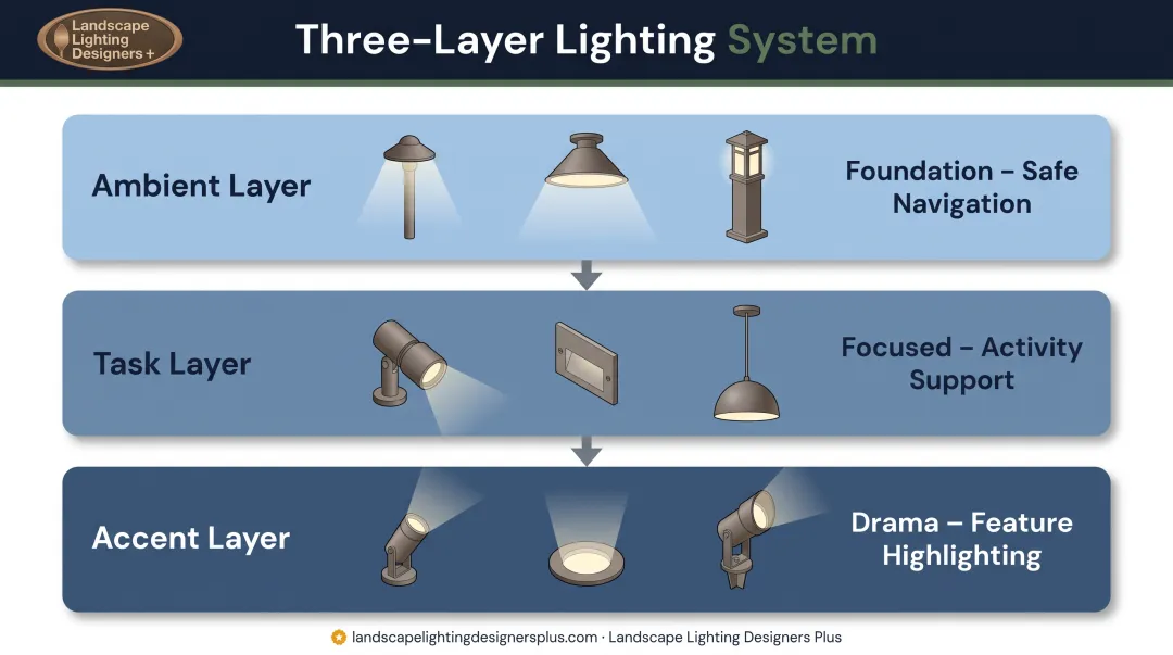 Three-layer landscape lighting system breakdown showing ambient task and accent layers with fixture types