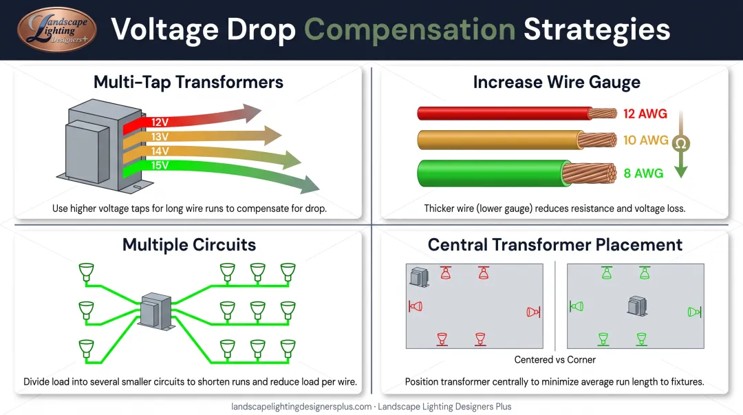 Voltage drop compensation strategies comparison showing wire gauge transformer taps and circuit distribution methods