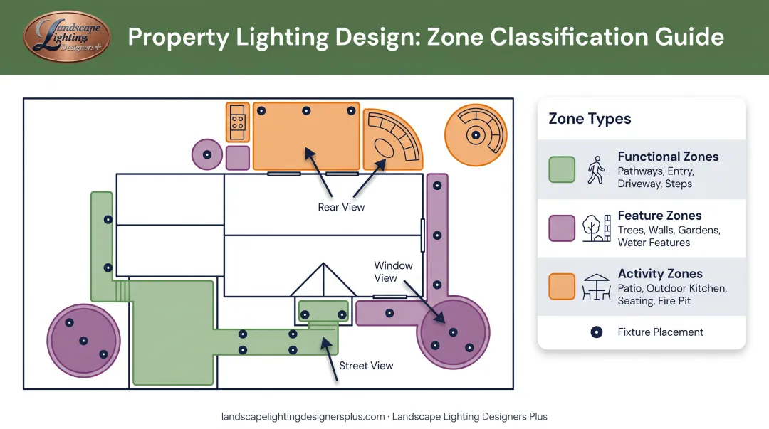 Property lighting zone mapping diagram showing functional feature and activity zones for layered design
