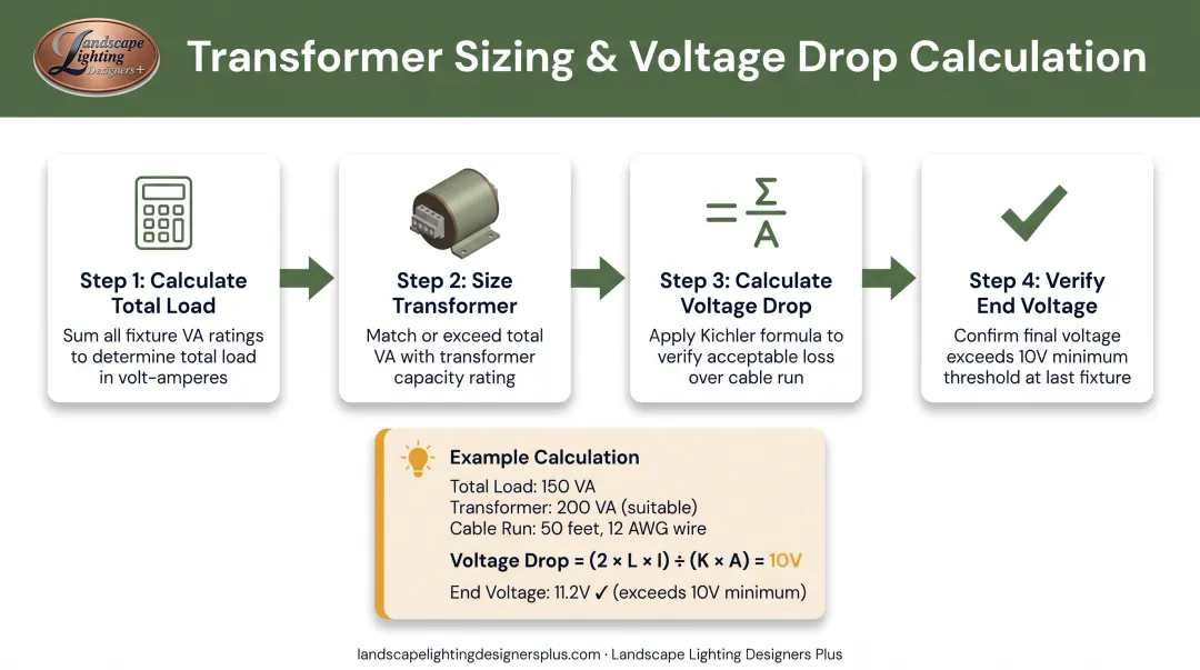 Low-voltage landscape lighting transformer sizing and voltage drop calculation process flow diagram