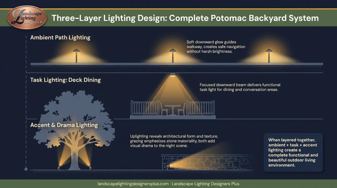 Three-layer landscape lighting design showing ambient, task, and accent lighting working together