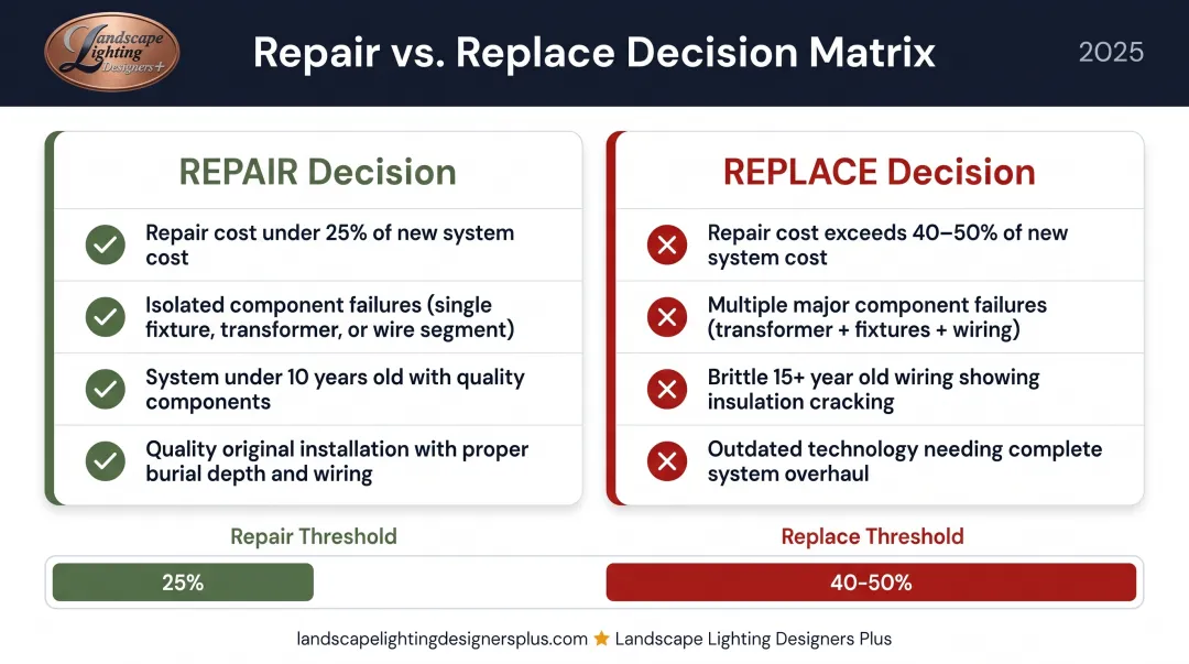 Repair versus replace decision matrix for landscape lighting systems by cost