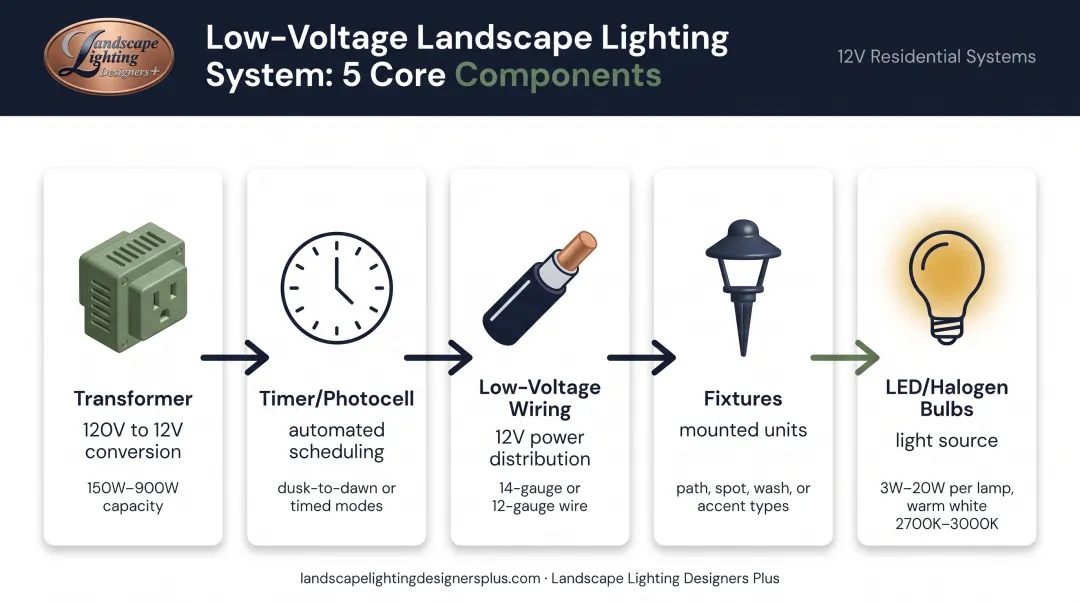 Five core components of low-voltage landscape lighting system with icons and connections