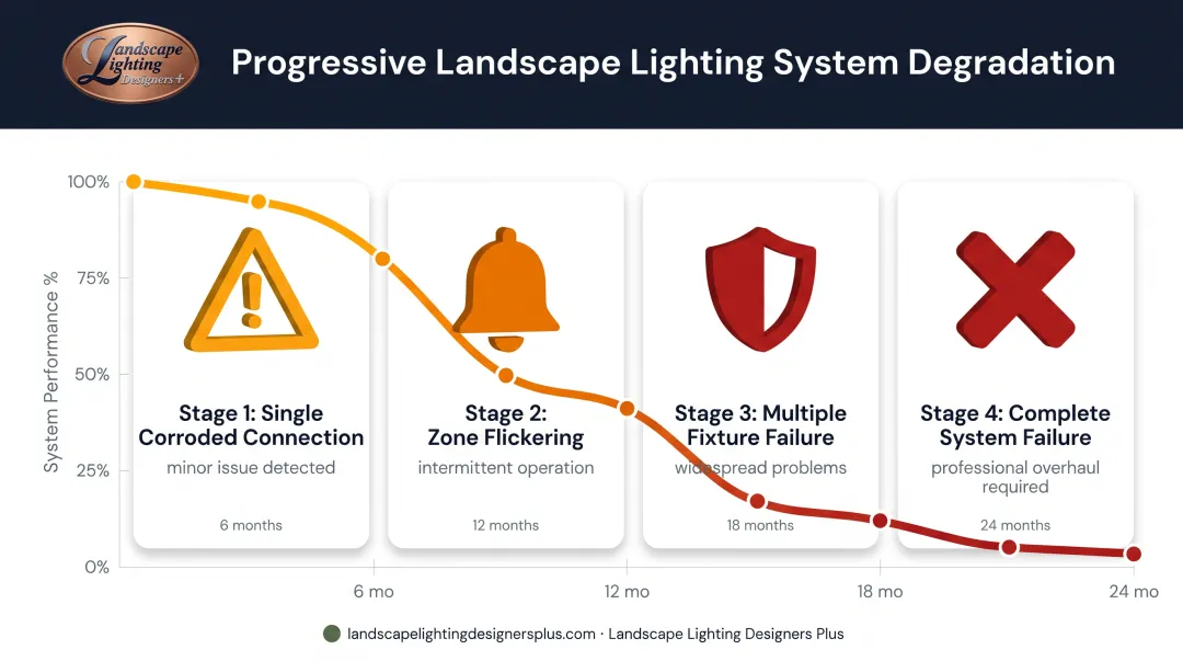 Progressive landscape lighting degradation timeline from minor issues to system failure