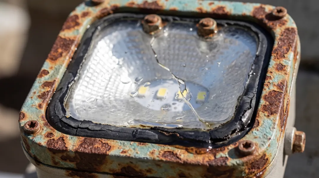 Corroded landscape lighting fixture showing water damage and rust buildup on housing