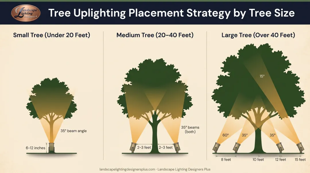 Tree uplighting fixture placement guide showing distances and beam angles for small medium and large trees