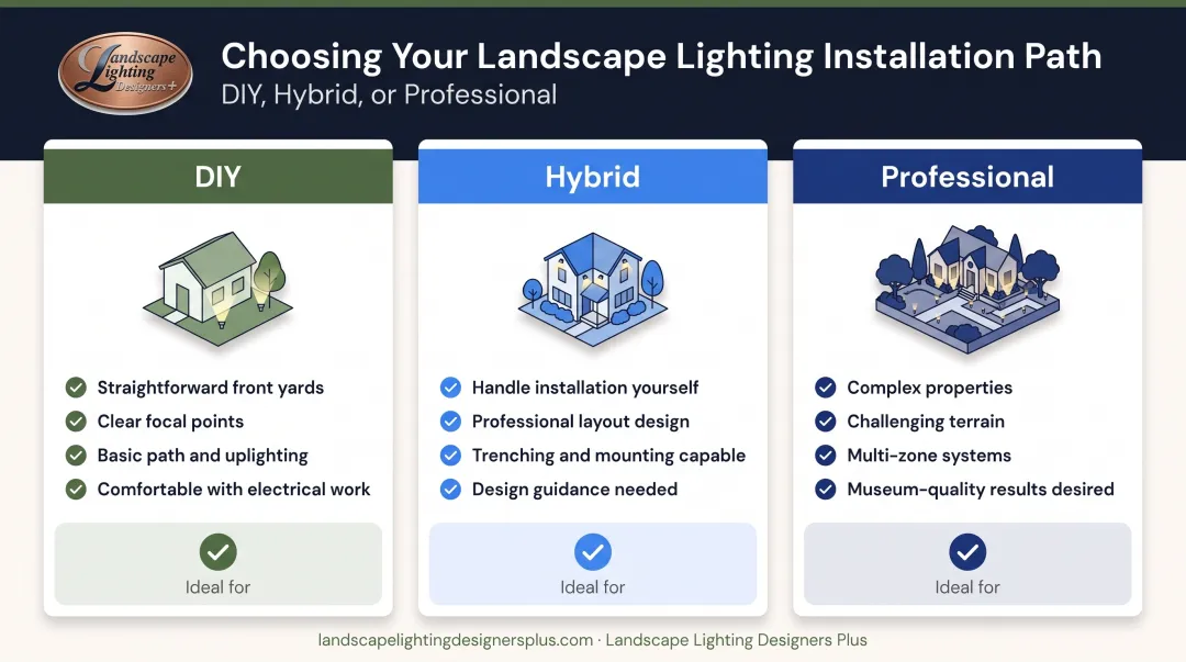 DIY versus hybrid versus professional landscape lighting decision framework comparison chart