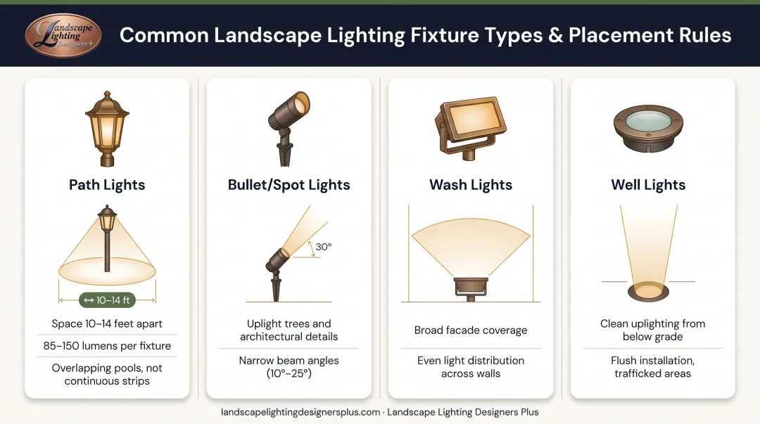 Four landscape lighting fixture types with spacing and placement guidelines infographic