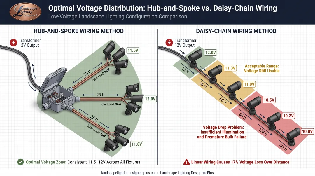 Hub and spoke low-voltage landscape lighting wiring method diagram with voltage distribution