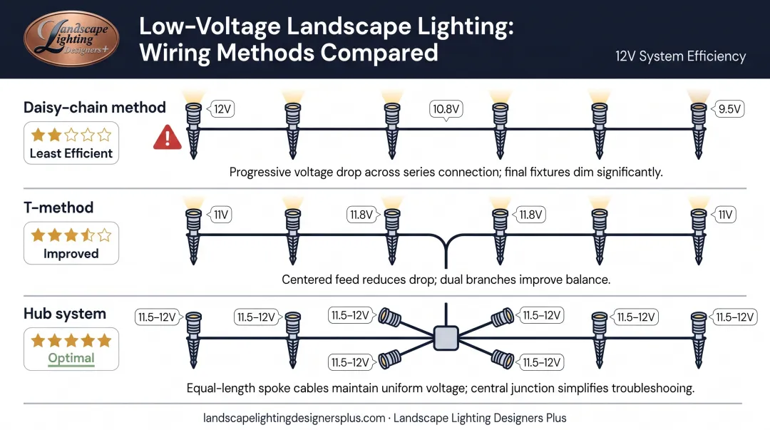 Three cable wiring methods comparison showing voltage drop differences in landscape lighting
