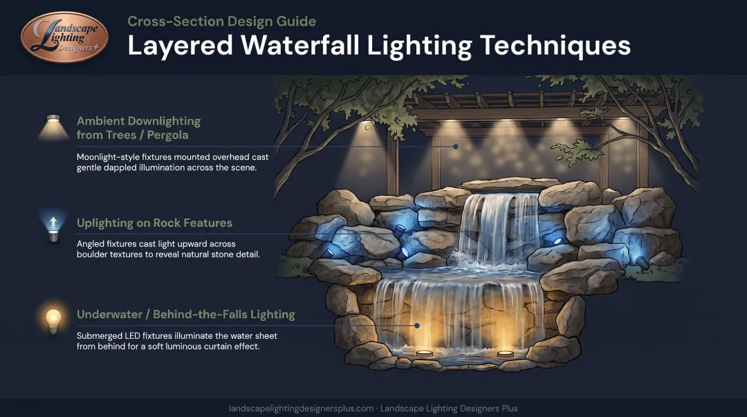 Layered pool waterfall lighting techniques diagram showing underwater uplighting and downlighting