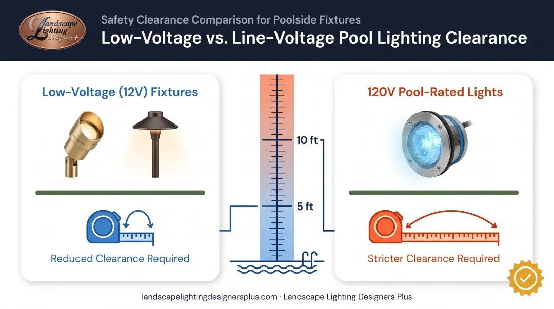 Low-voltage versus 120V pool lighting clearance and safety comparison chart