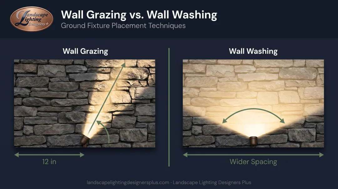Wall grazing versus wall washing fixture placement comparison diagram