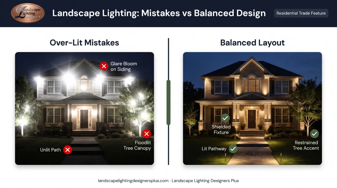 Common landscape over-lighting mistakes versus balanced lighting layout comparison