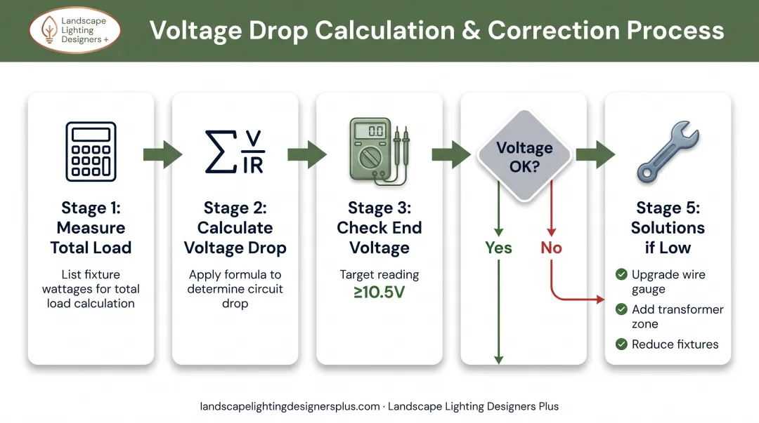 Low-voltage outdoor lighting system voltage drop calculation and troubleshooting workflow
