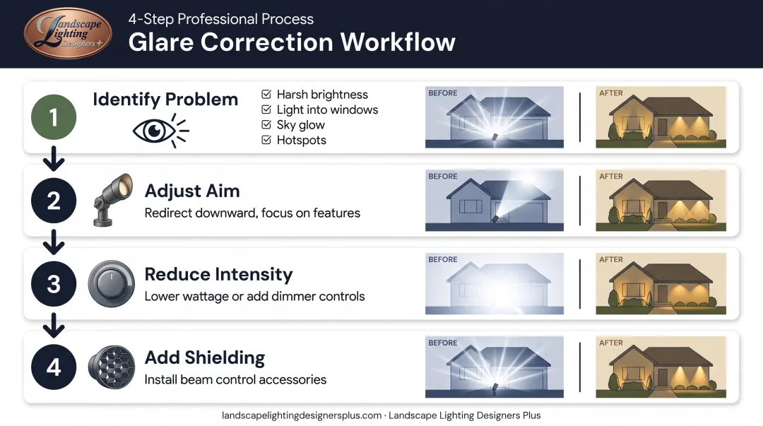 Four-step outdoor lighting glare correction process from diagnosis to balanced illumination
