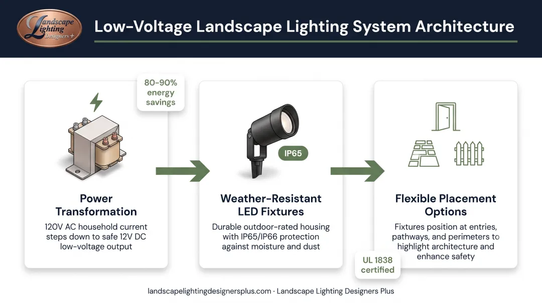 Low-voltage landscape lighting system components and installation workflow diagram