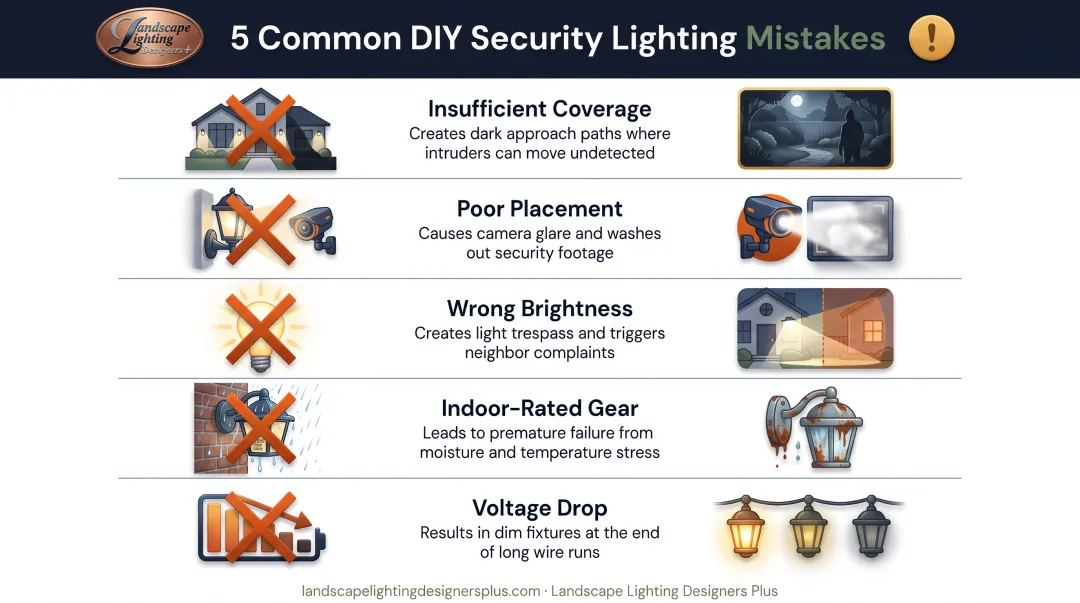 Five common DIY security lighting mistakes and their consequences side-by-side comparison