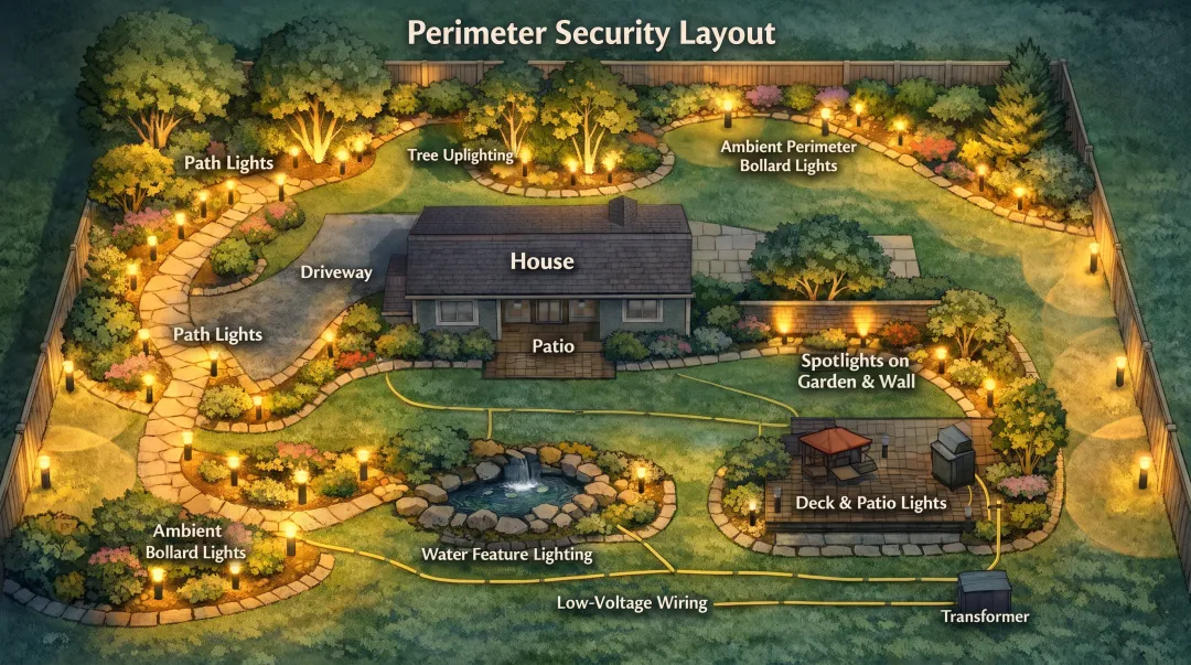 Residential property perimeter with bollard lights and tree uplighting creating boundary security coverage