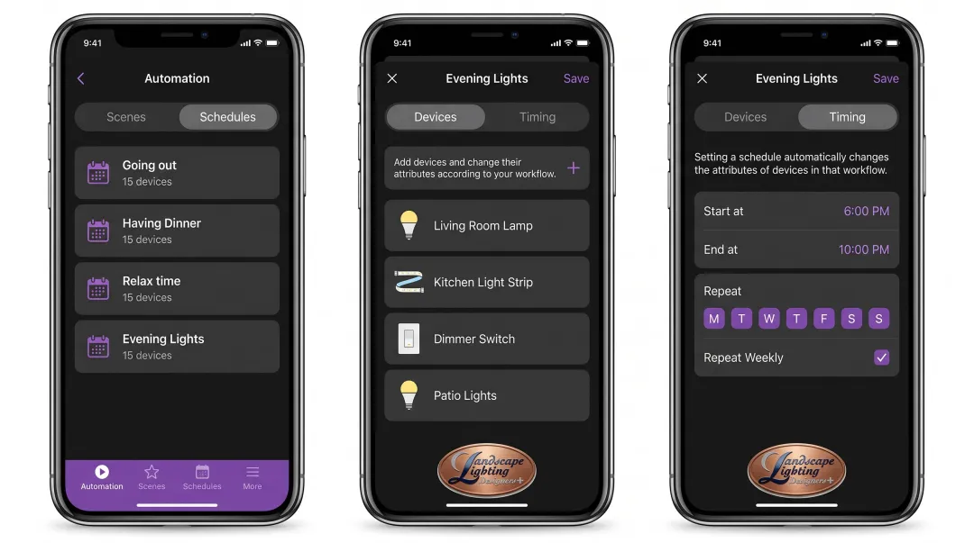 Smart home lighting control interface displaying scheduling automation and remote activation features