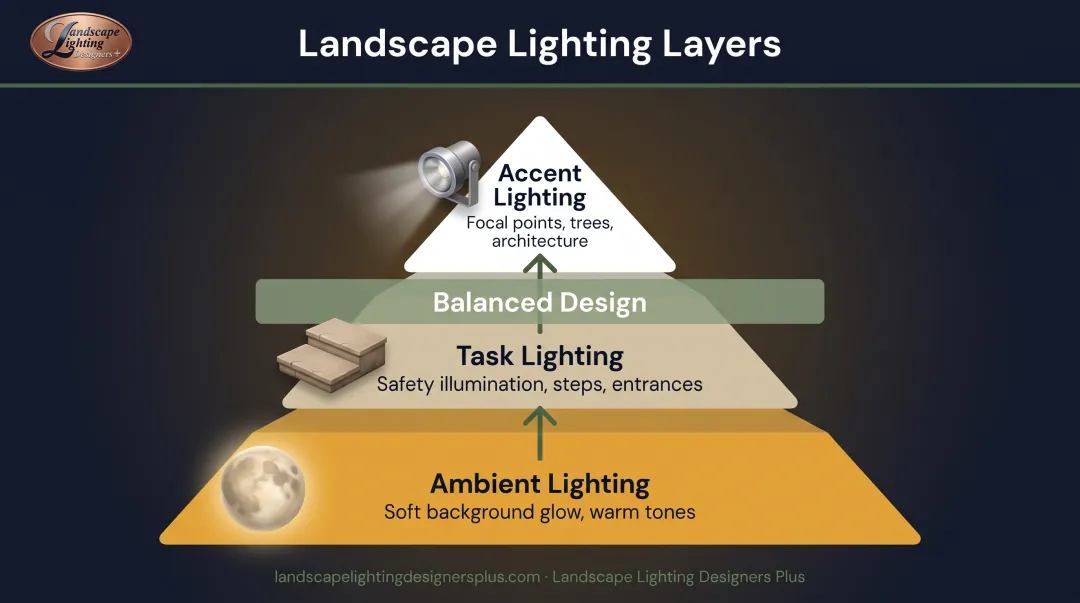 Three-layer landscape lighting design strategy showing ambient task and accent lighting roles