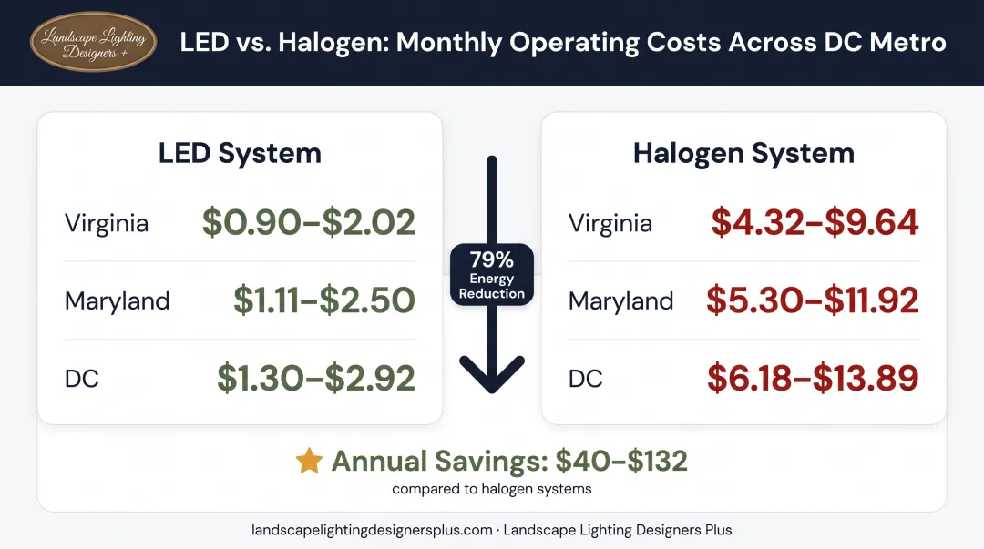 LED versus halogen landscape lighting monthly operating cost comparison for DC metro area
