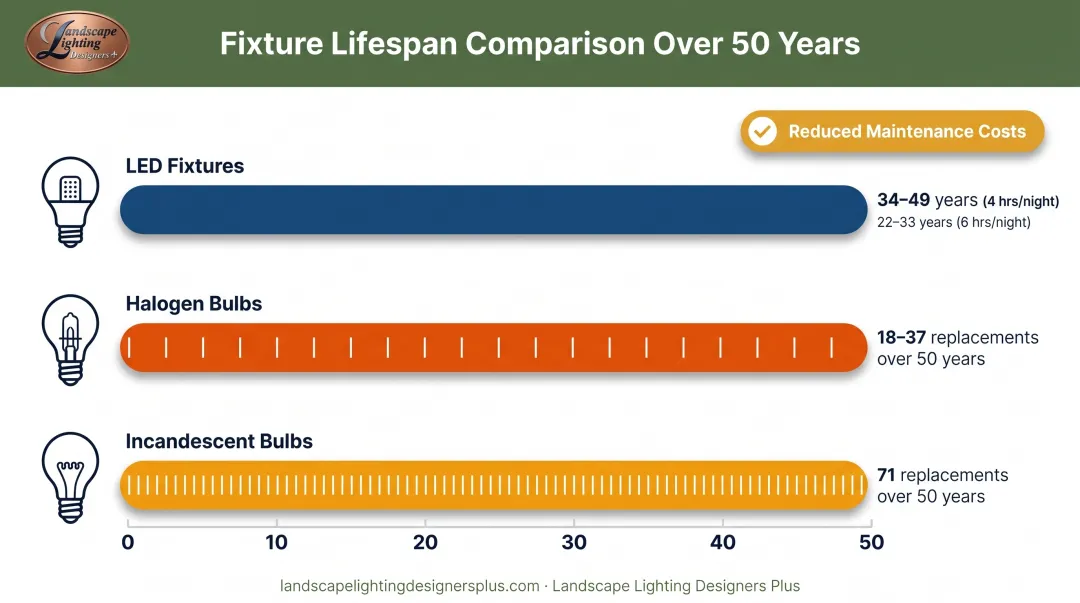 LED landscape lighting lifespan comparison showing decades of use versus traditional bulbs