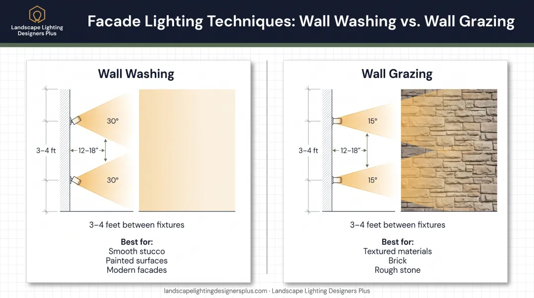 Wall washing versus wall grazing lighting technique comparison with fixture placement specifications
