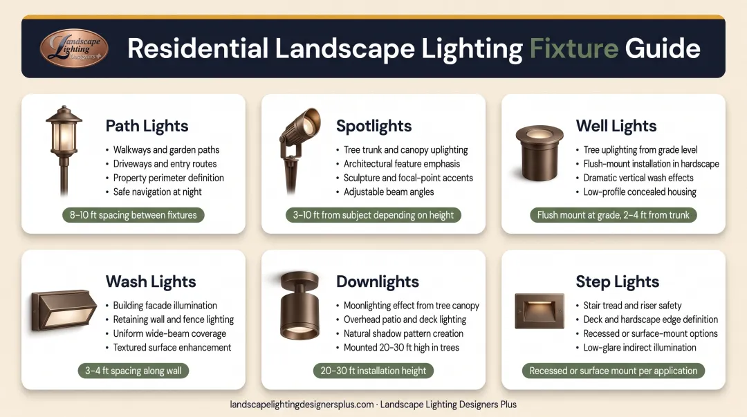 Six outdoor lighting fixture types with applications and placement specifications comparison chart