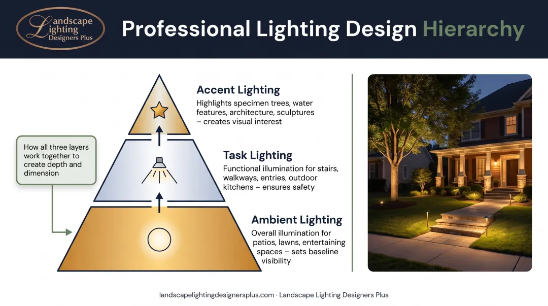 Three-layer outdoor lighting design approach showing ambient task and accent lighting hierarchy