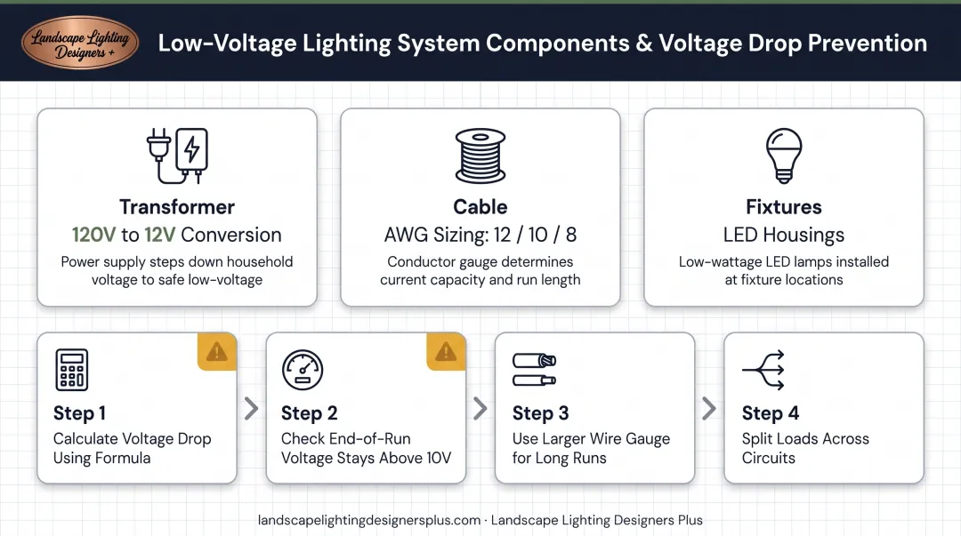 Low-voltage landscape lighting system components and voltage drop calculation flow diagram