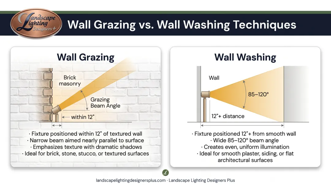 Wall washing versus wall grazing placement technique comparison showing fixture positioning and beam patterns