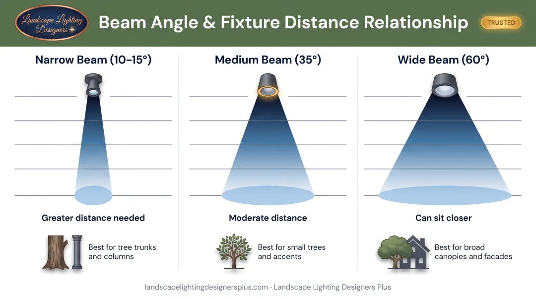 Beam angle and fixture distance relationship diagram showing narrow medium and wide beam coverage patterns