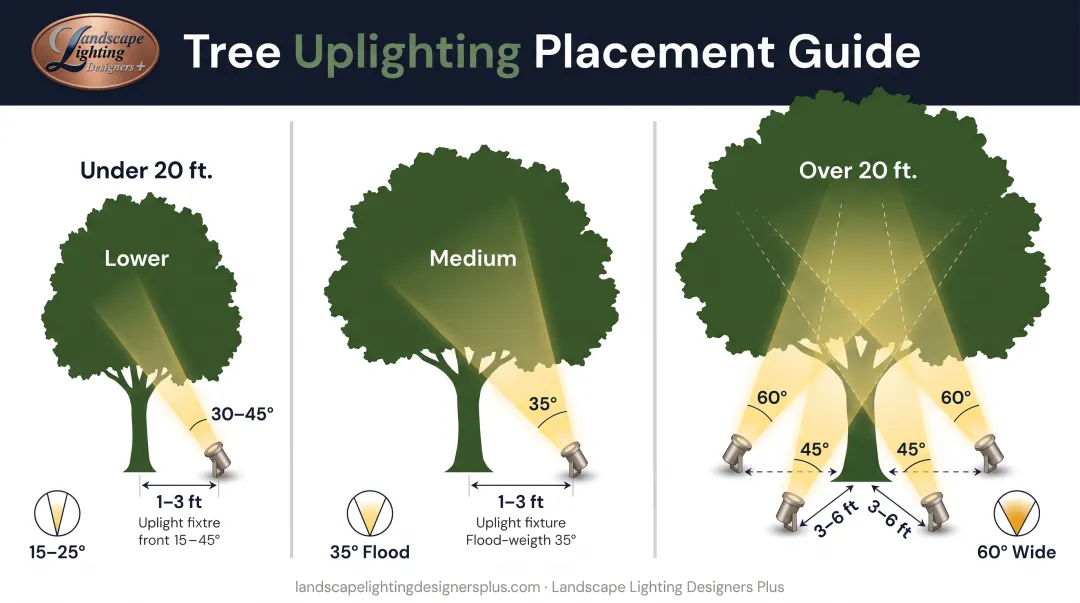 Tree uplighting placement guide showing fixture distance beam angle and positioning for different tree sizes