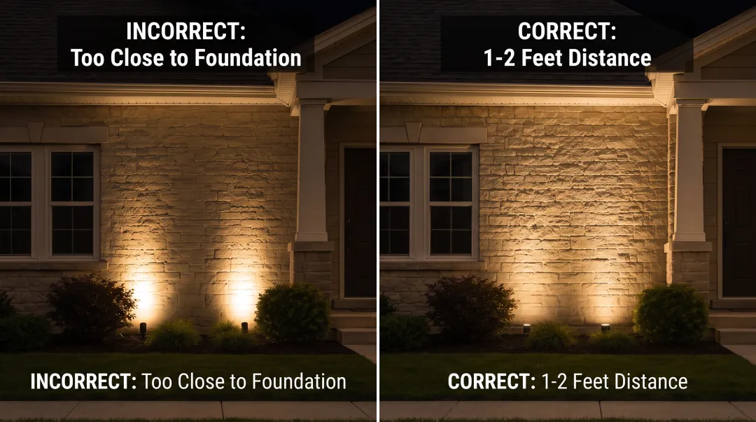 Comparison showing correct versus incorrect facade uplighting distance from foundation wall