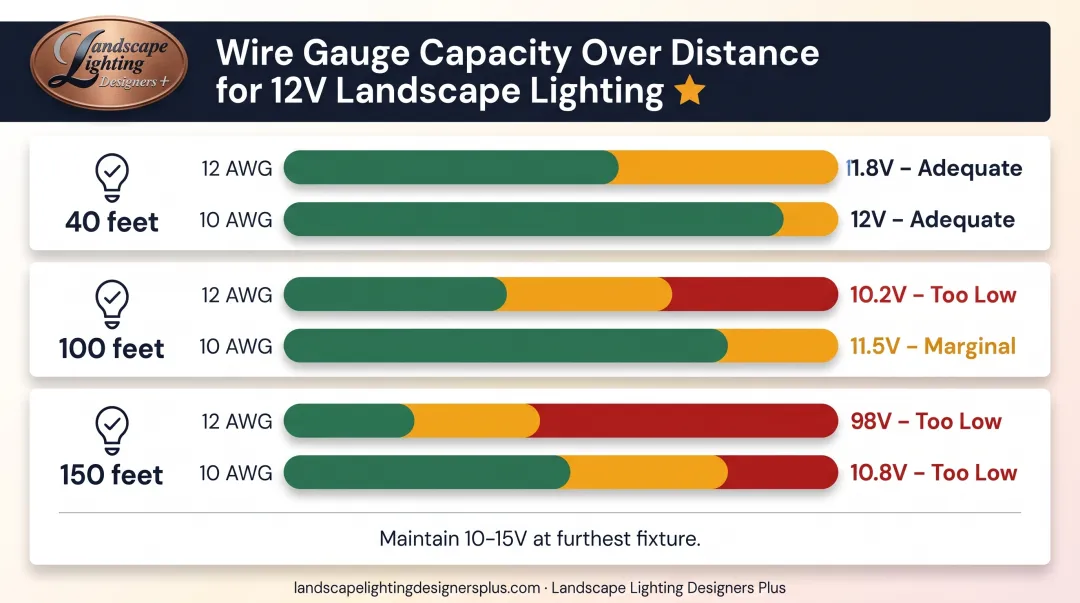 Voltage drop comparison chart by wire gauge and distance for landscape lighting