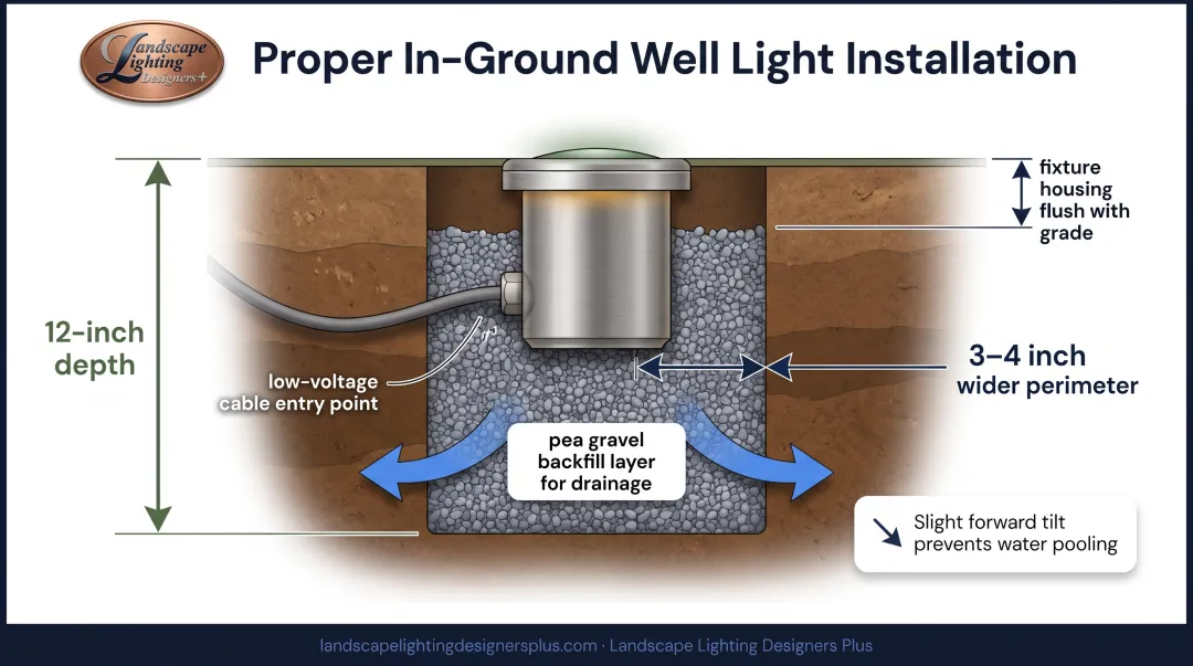 12V landscape recessed well light installation cross-section with drainage and depth specifications
