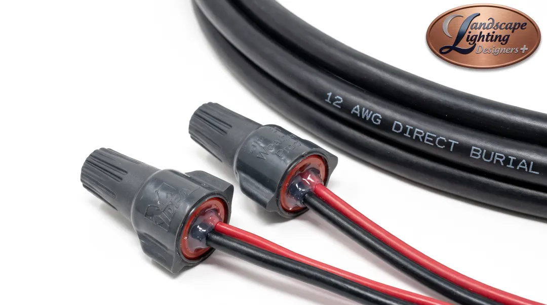 Waterproof direct burial wire connectors and low-voltage cable for outdoor landscape lighting