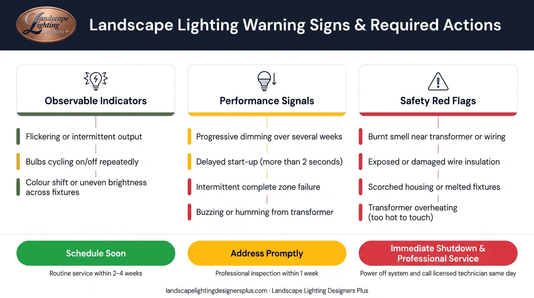 Landscape lighting warning signs requiring immediate maintenance action flowchart