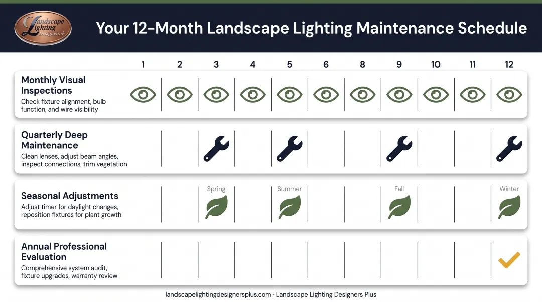 Landscape lighting maintenance schedule showing monthly quarterly seasonal and annual task timeline