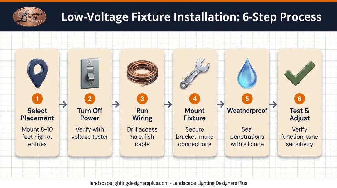 Six-step DIY security light installation process from placement to testing