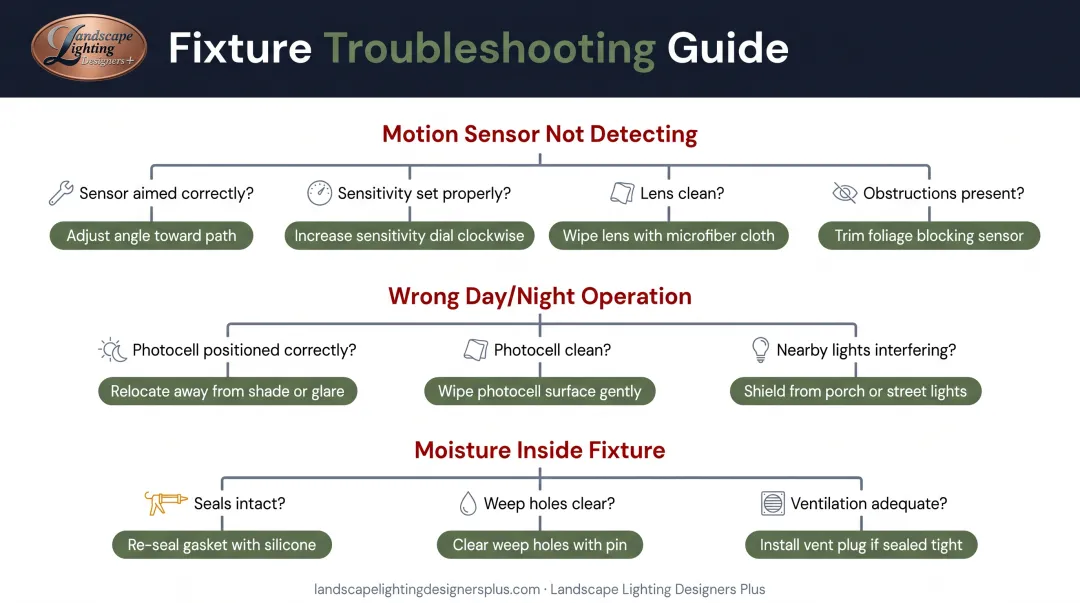 Common security lighting problems troubleshooting flowchart with diagnostic steps and solutions