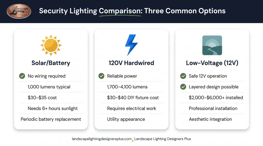Three security lighting options comparison chart showing solar hardwired and low-voltage systems