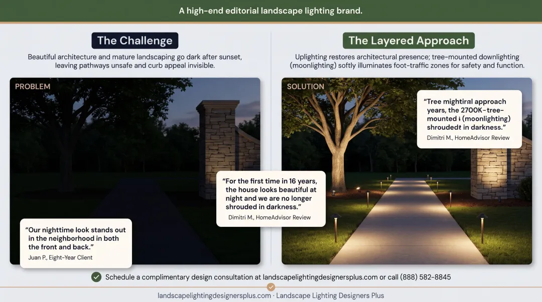 Layered uplighting and downlighting design on DC-area home exterior