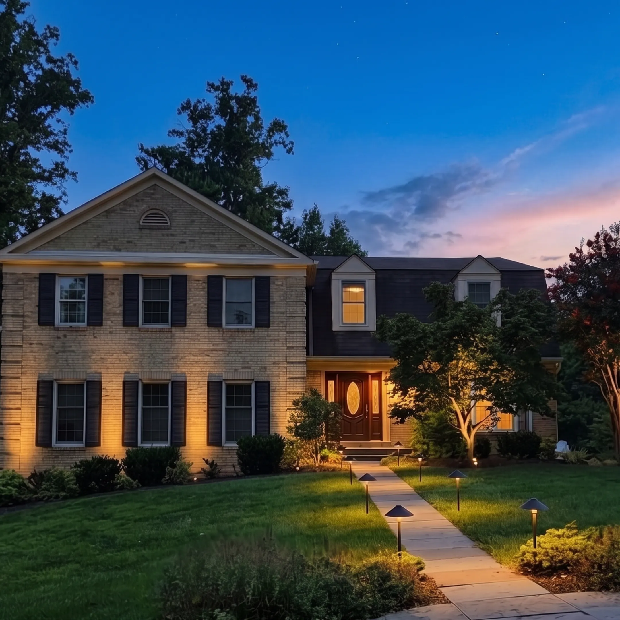 Designer reviewing warm white landscape lighting around a home