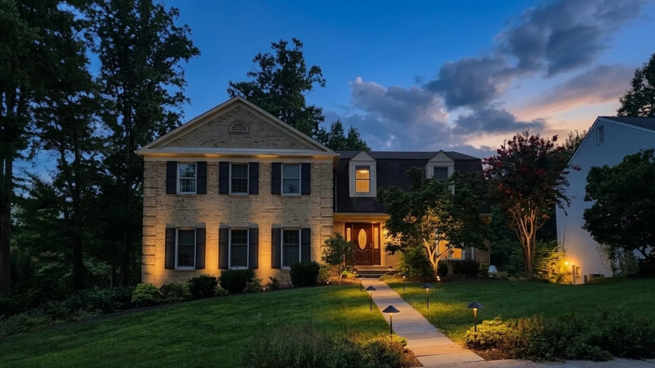 Professionally uplighted brick colonial home facade with illuminated trees and architectural columns at night