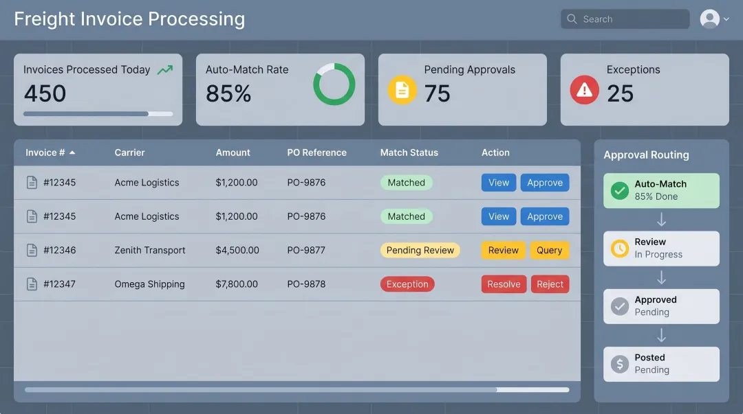 Freight invoice processing dashboard showing automated three-way matching and reconciliation