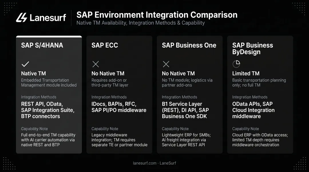 SAP environment version comparison chart for TMS integration capabilities and methods