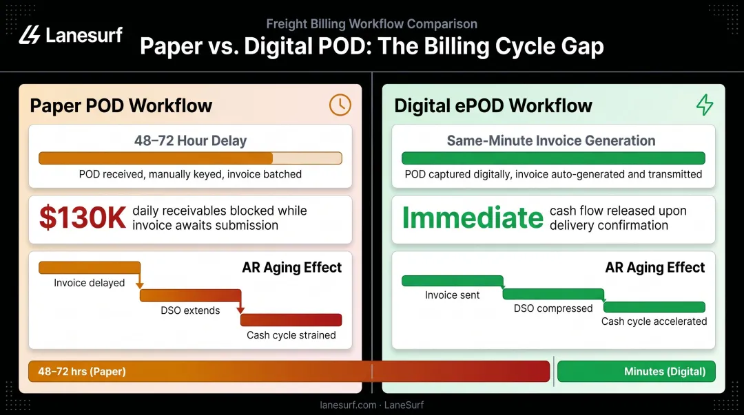 Freight brokerage cash flow impact comparison paper POD versus digital ePOD billing cycle